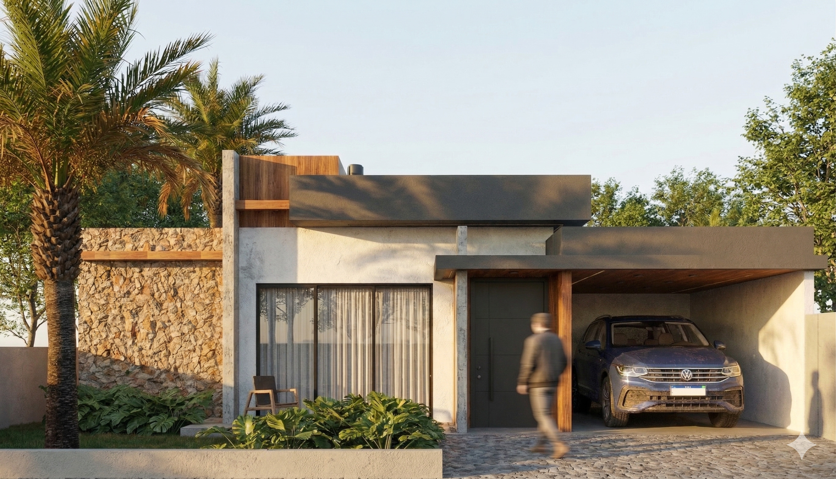 Projeto residencial — concreto, pedra e madeira